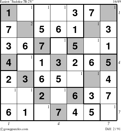 The grouppuzzles.com Easiest Sudoku-7B-2V puzzle for , suitable for printing, with all 2 steps marked