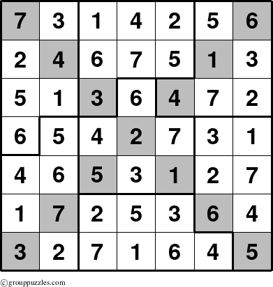 The grouppuzzles.com Answer grid for the Sudoku-7B-X puzzle for 