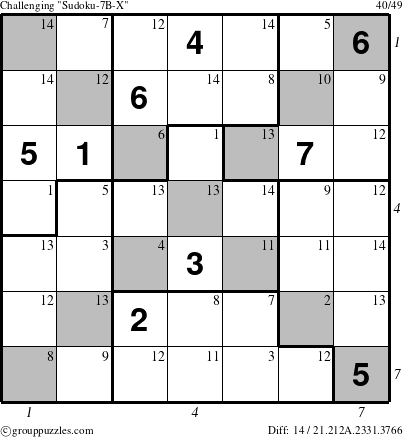 The grouppuzzles.com Challenging Sudoku-7B-X puzzle for , suitable for printing, with all 14 steps marked