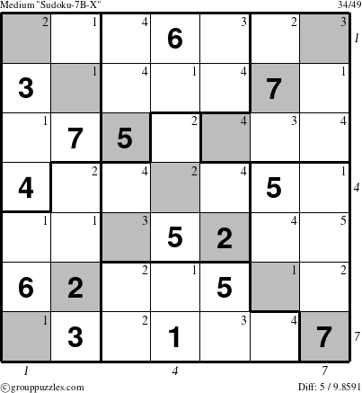 The grouppuzzles.com Medium Sudoku-7B-X puzzle for , suitable for printing, with all 5 steps marked