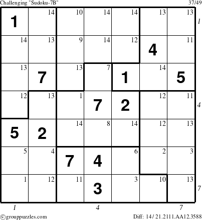 The grouppuzzles.com Challenging Sudoku-7B puzzle for , suitable for printing, with all 14 steps marked