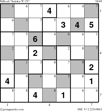 The grouppuzzles.com Difficult Sudoku-7C-2V puzzle for , suitable for printing, with all 9 steps marked