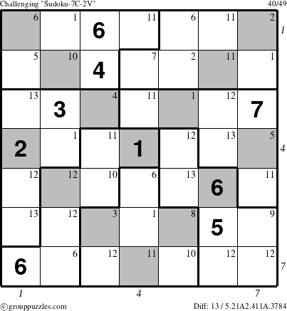 The grouppuzzles.com Challenging Sudoku-7C-2V puzzle for , suitable for printing, with all 13 steps marked