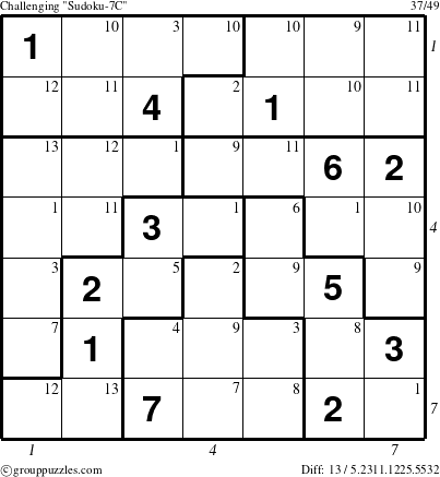 The grouppuzzles.com Challenging Sudoku-7C puzzle for , suitable for printing, with all 13 steps marked