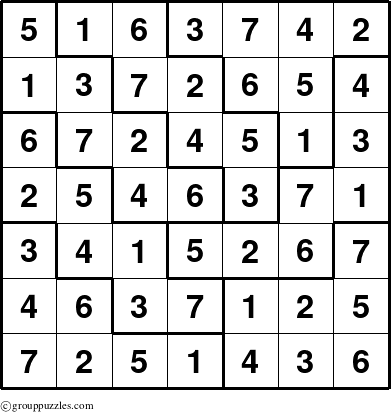 The grouppuzzles.com Answer grid for the Sudoku-7D puzzle for 