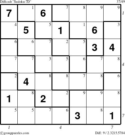The grouppuzzles.com Difficult Sudoku-7D puzzle for , suitable for printing, with all 9 steps marked