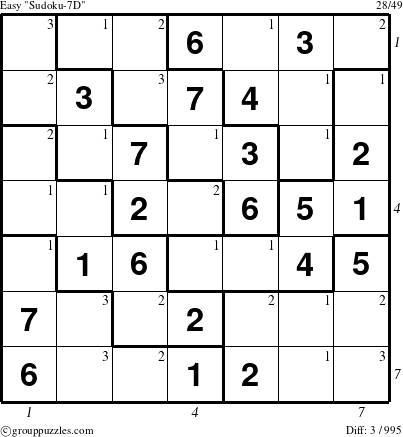 The grouppuzzles.com Easy Sudoku-7D puzzle for , suitable for printing, with all 3 steps marked