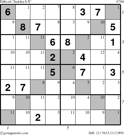 The grouppuzzles.com Difficult Sudoku-8-X puzzle for , suitable for printing, with all 12 steps marked