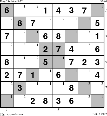 The grouppuzzles.com Easy Sudoku-8-X puzzle for , suitable for printing, with all 3 steps marked