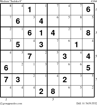 The grouppuzzles.com Medium Sudoku-8 puzzle for , suitable for printing, with all 8 steps marked