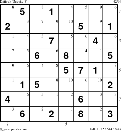 The grouppuzzles.com Difficult Sudoku-8 puzzle for , suitable for printing, with all 10 steps marked