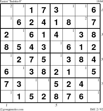 The grouppuzzles.com Easiest Sudoku-8 puzzle for , suitable for printing, with all 2 steps marked