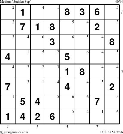 The grouppuzzles.com Medium Sudoku-8up puzzle for , suitable for printing, with all 6 steps marked