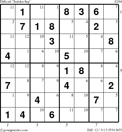 The grouppuzzles.com Difficult Sudoku-8up puzzle for , suitable for printing, with all 12 steps marked