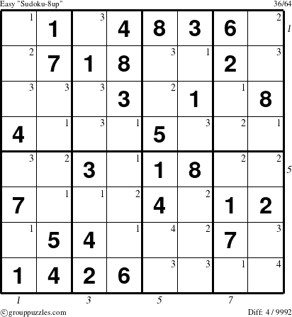 The grouppuzzles.com Easy Sudoku-8up puzzle for , suitable for printing, with all 4 steps marked