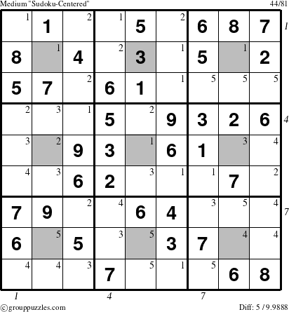 The grouppuzzles.com Medium Sudoku-Centered puzzle for , suitable for printing, with all 5 steps marked