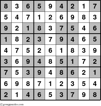 The grouppuzzles.com Answer grid for the Sudoku-Cornered puzzle for 