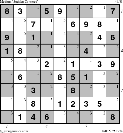 The grouppuzzles.com Medium Sudoku-Cornered puzzle for , suitable for printing, with all 5 steps marked