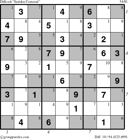 The grouppuzzles.com Difficult Sudoku-Cornered puzzle for , suitable for printing, with all 10 steps marked