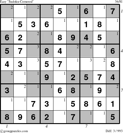 The grouppuzzles.com Easy Sudoku-Cornered puzzle for , suitable for printing, with all 3 steps marked