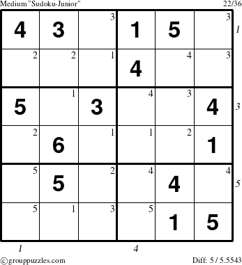 The grouppuzzles.com Medium Sudoku-Junior puzzle for , suitable for printing, with all 5 steps marked