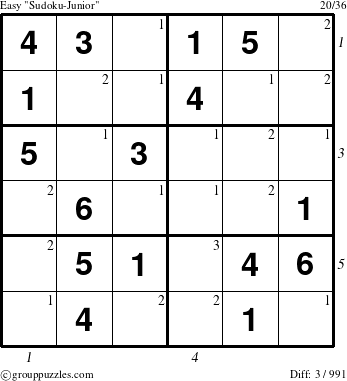 The grouppuzzles.com Easy Sudoku-Junior puzzle for , suitable for printing, with all 3 steps marked