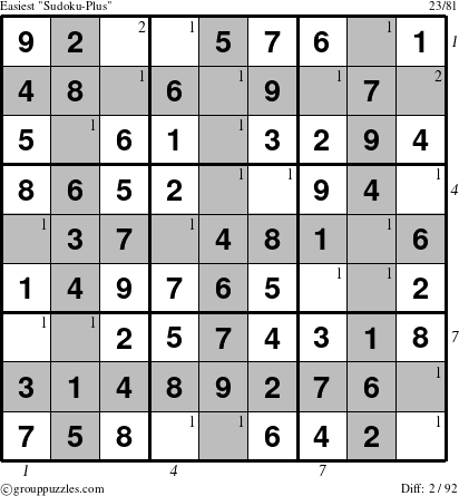 The grouppuzzles.com Easiest Sudoku-Plus puzzle for , suitable for printing, with all 2 steps marked