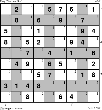 The grouppuzzles.com Easy Sudoku-Plus puzzle for , suitable for printing, with all 3 steps marked