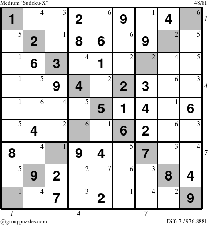 The grouppuzzles.com Medium Sudoku-X-d1 puzzle for , suitable for printing, with all 7 steps marked