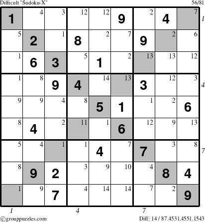 The grouppuzzles.com Difficult Sudoku-X-d1 puzzle for , suitable for printing, with all 14 steps marked