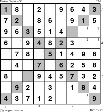 The grouppuzzles.com Easiest Sudoku-X-d1 puzzle for , suitable for printing, with all 2 steps marked