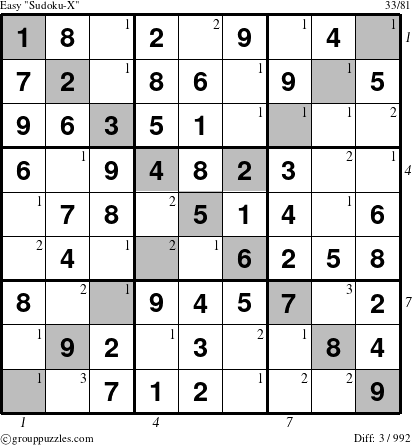 The grouppuzzles.com Easy Sudoku-X-d1 puzzle for , suitable for printing, with all 3 steps marked