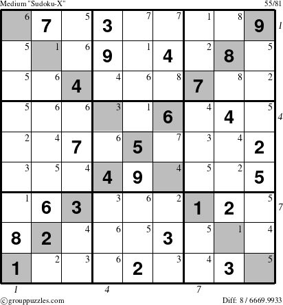 The grouppuzzles.com Medium Sudoku-X-d2 puzzle for , suitable for printing, with all 8 steps marked