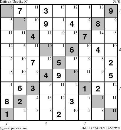 The grouppuzzles.com Difficult Sudoku-X-d2 puzzle for , suitable for printing, with all 14 steps marked