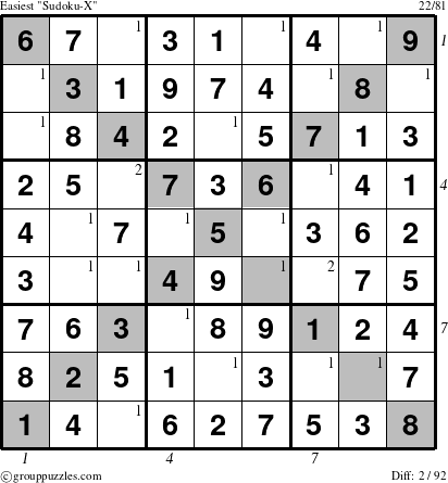 The grouppuzzles.com Easiest Sudoku-X-d2 puzzle for , suitable for printing, with all 2 steps marked