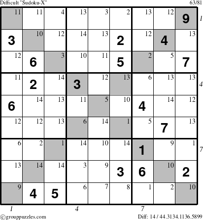 The grouppuzzles.com Difficult Sudoku-X puzzle for , suitable for printing, with all 14 steps marked