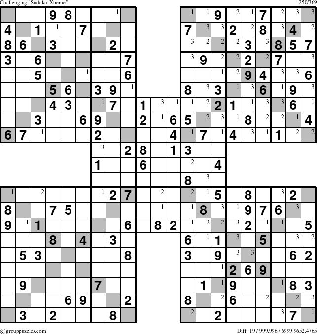 The grouppuzzles.com Challenging Sudoku-Xtreme puzzle for  with the first 3 steps marked