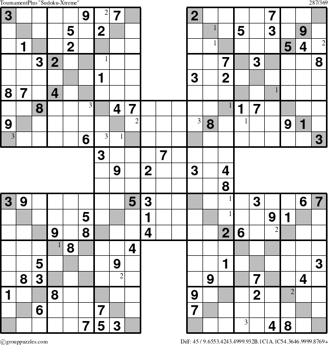 The grouppuzzles.com TournamentPlus Sudoku-Xtreme puzzle for  with the first 3 steps marked