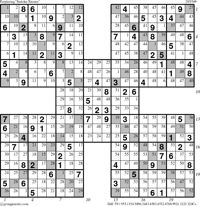 The grouppuzzles.com Perplexing Sudoku-Xtreme puzzle for , suitable for printing, with all 59 steps marked