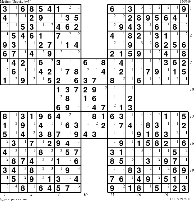 The grouppuzzles.com Medium Sudoku-by5 puzzle for , suitable for printing, with all 5 steps marked