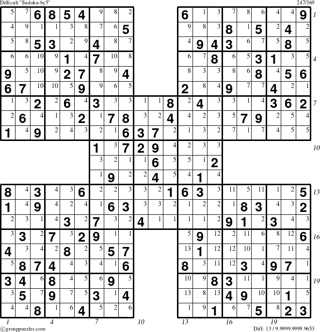 The grouppuzzles.com Difficult Sudoku-by5 puzzle for , suitable for printing, with all 13 steps marked