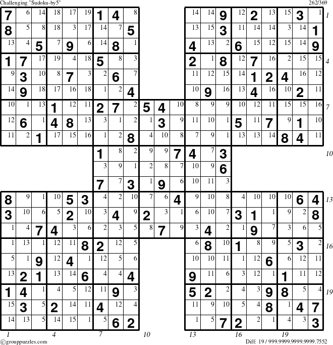 The grouppuzzles.com Challenging Sudoku-by5 puzzle for , suitable for printing, with all 19 steps marked