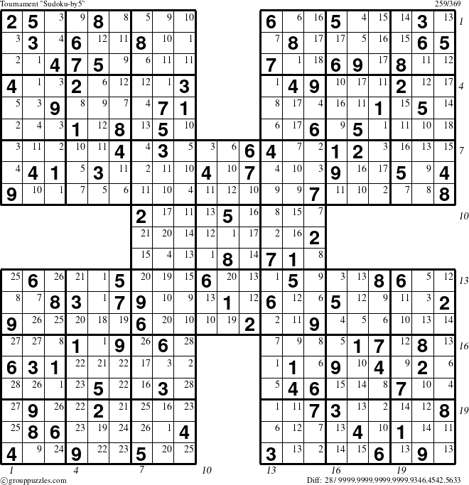 The grouppuzzles.com Tournament Sudoku-by5 puzzle for , suitable for printing, with all 28 steps marked