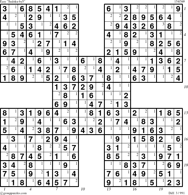 The grouppuzzles.com Easy Sudoku-by5 puzzle for , suitable for printing, with all 3 steps marked