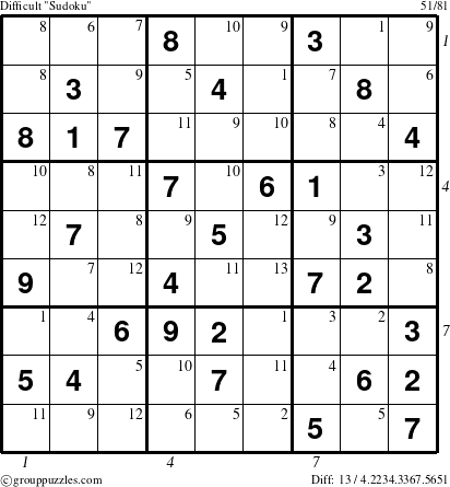 The grouppuzzles.com Difficult Sudoku puzzle for , suitable for printing, with all 13 steps marked