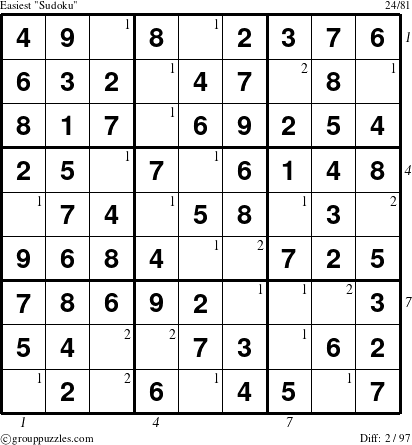 The grouppuzzles.com Easiest Sudoku puzzle for , suitable for printing, with all 2 steps marked