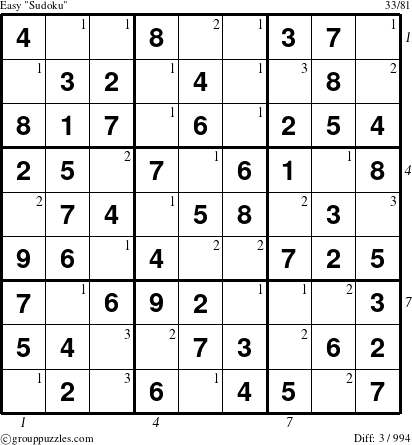 The grouppuzzles.com Easy Sudoku puzzle for , suitable for printing, with all 3 steps marked