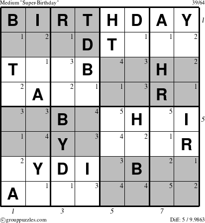 The grouppuzzles.com Medium Super-Birthday puzzle for , suitable for printing, with all 5 steps marked