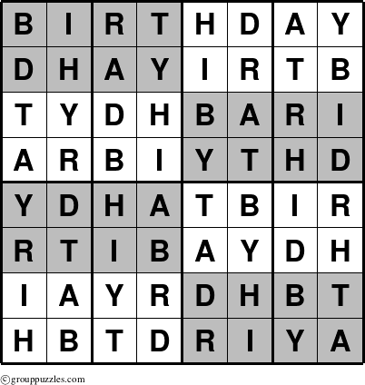 The grouppuzzles.com Answer grid for the Super-Birthday puzzle for 