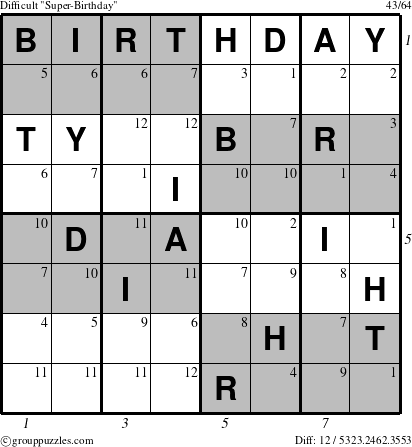 The grouppuzzles.com Difficult Super-Birthday puzzle for , suitable for printing, with all 12 steps marked